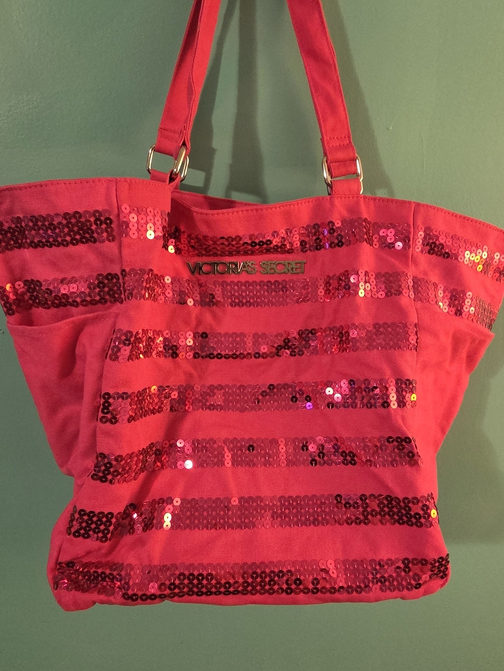 Vintage mid 2010s Victoria's Secret Hot Pink Sequin Stripe Tote Bag